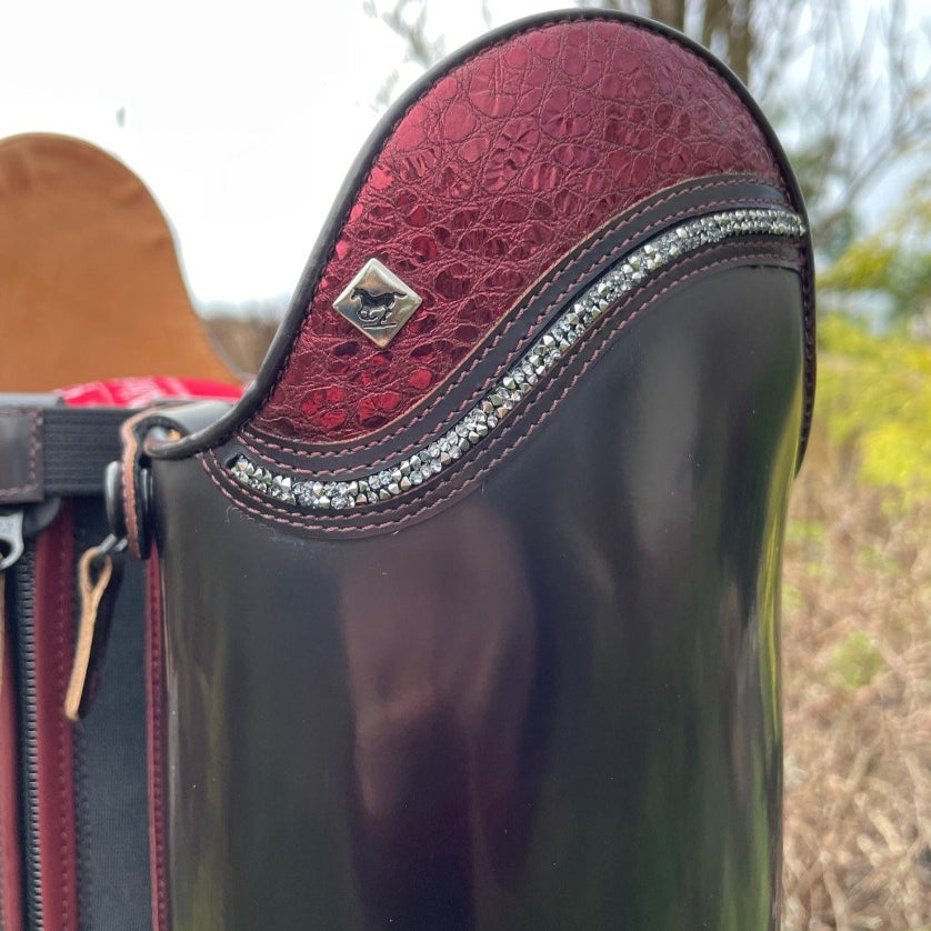 Custom DeNiro Raffaello Dressage Boot - Brushed Burgundy with BG Uptop, Swarovski, Stretch Panel & Comfort Knee