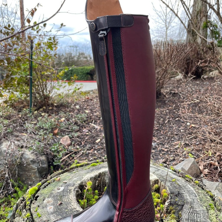 Custom DeNiro Raffaello Dressage Boot - Brushed Burgundy with BG Uptop, Swarovski, Stretch Panel & Comfort Knee