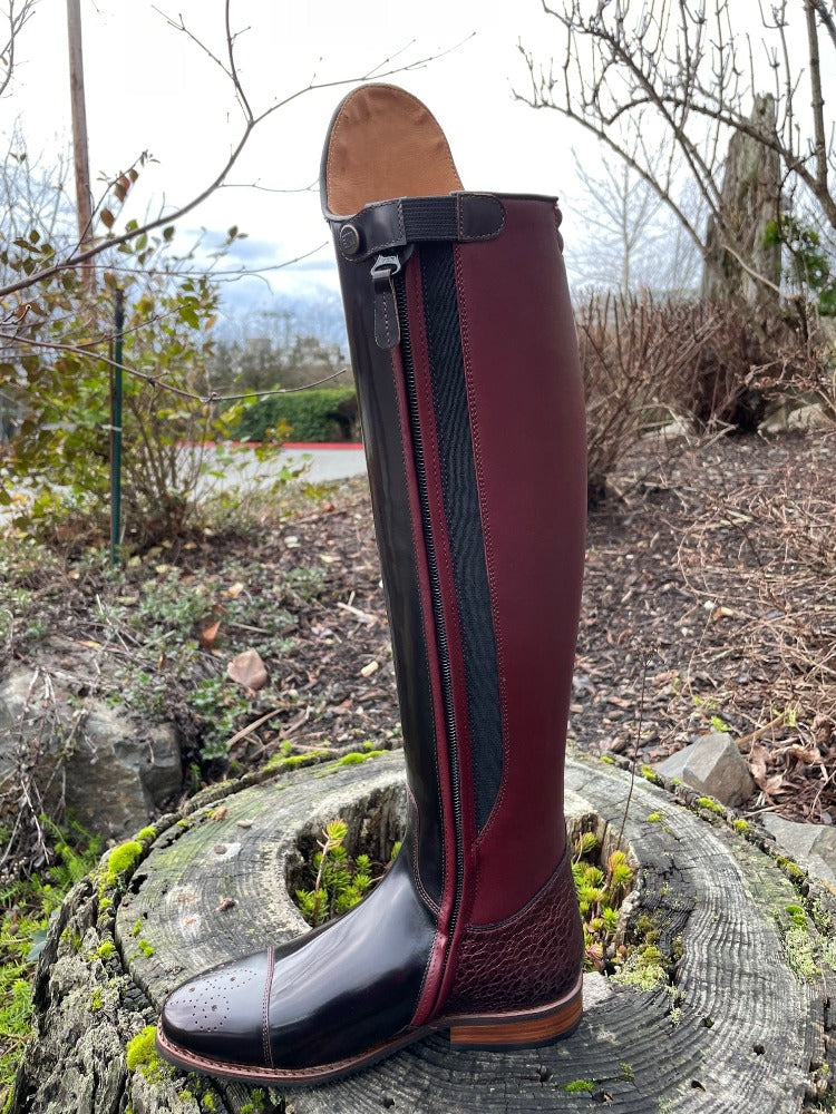 Custom DeNiro Raffaello Dressage Boot - Brushed Burgundy with BG Uptop, Swarovski, Stretch Panel & Comfort Knee