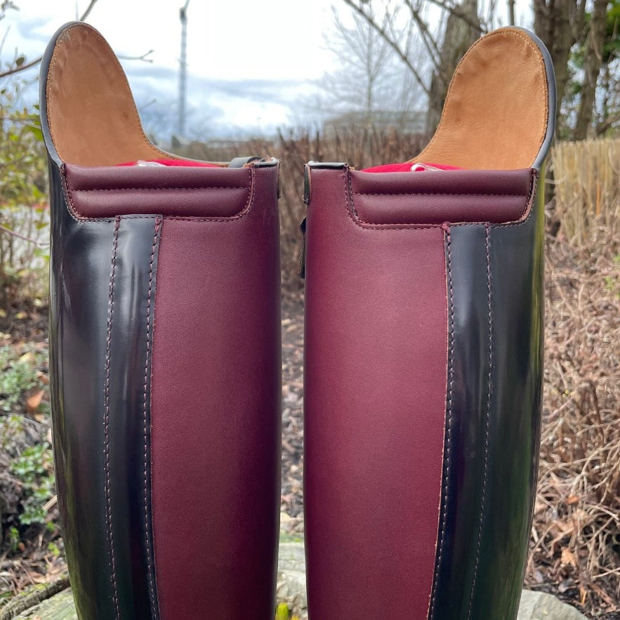 Custom DeNiro Raffaello Dressage Boot - Brushed Burgundy with BG Uptop, Swarovski, Stretch Panel & Comfort Knee
