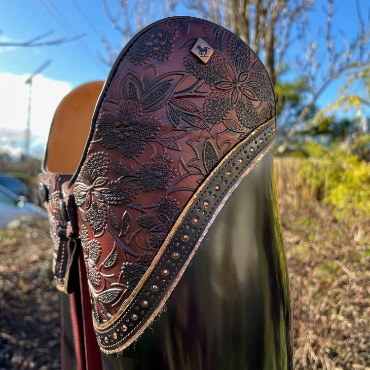 Custom DeNiro Bellini Dressage Boot - Brushed Burgundy with Greta Lisa, Swarovski & Salmon BG