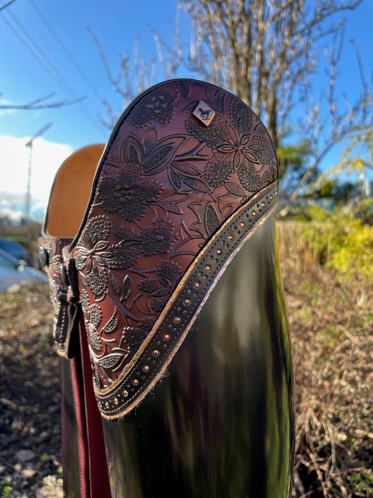 Custom DeNiro Bellini Dressage Boot - Brushed Burgundy with Greta Lisa, Swarovski & Salmon BG