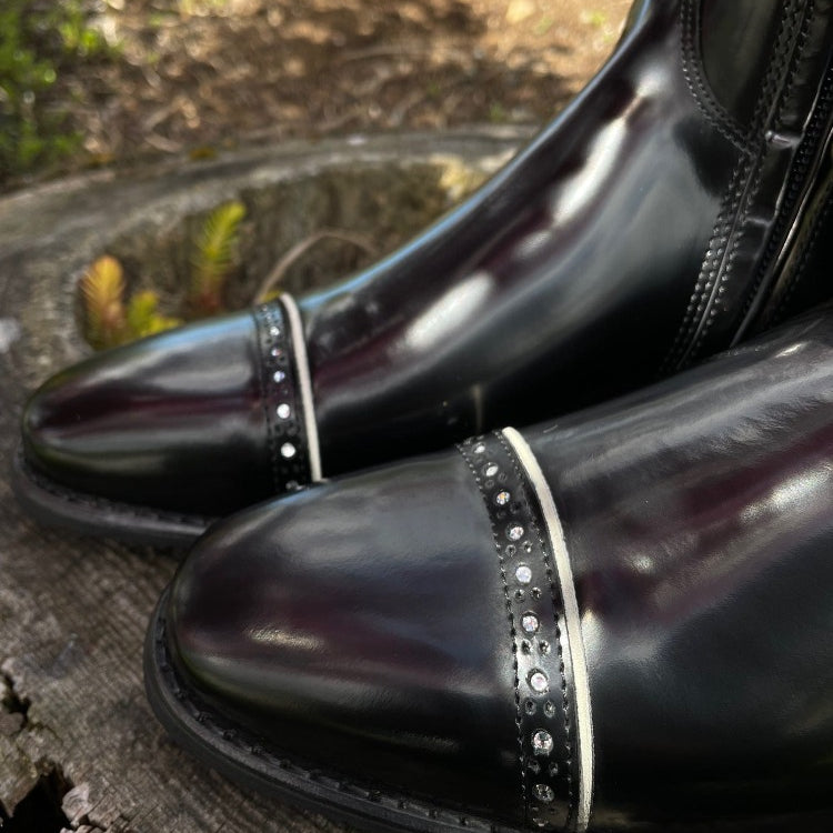 Custom DeNiro Raffaello Dressage Boot - Brushed Black with America Top in Black Lucidi & Swarovski Stones
