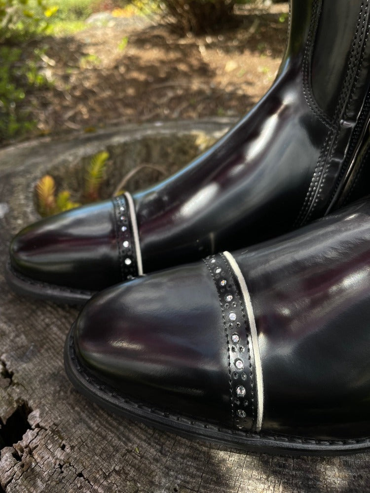 Custom DeNiro Raffaello Dressage Boot - Brushed Black with America Top in Black Lucidi & Swarovski Stones