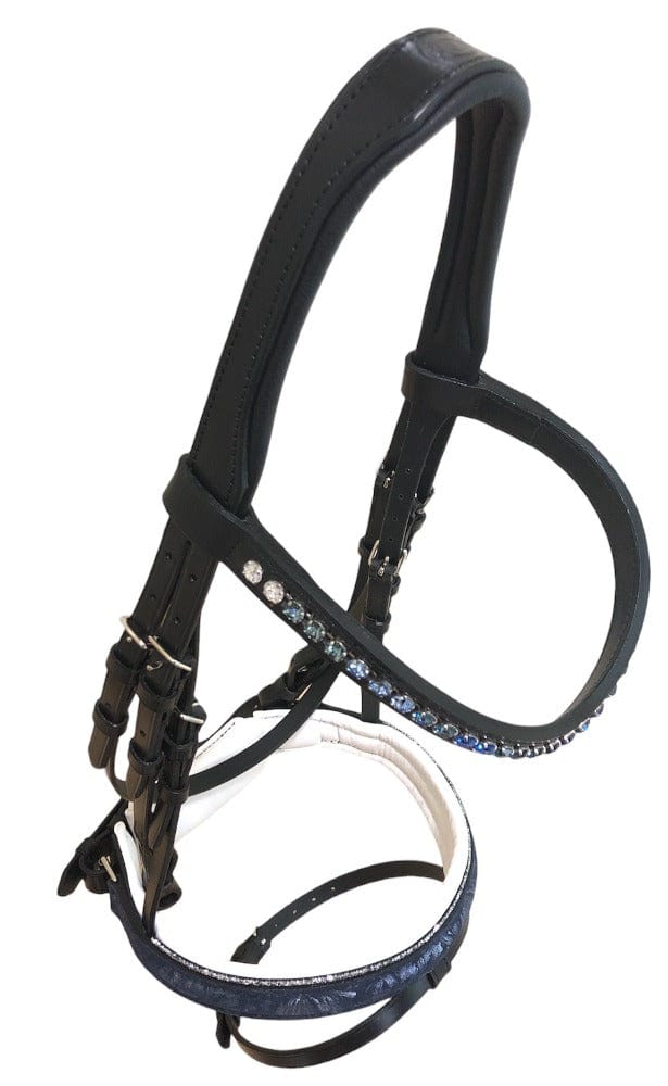 *Otto Schumacher Venidig Snaffle Bridle Black with Blue Metalic Flower & Fineline Crystals - Horse