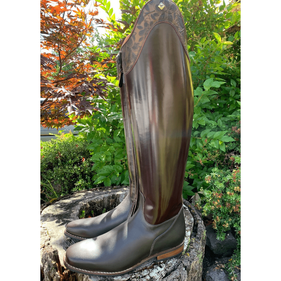 brushed brown leather calf with calfskin foot, brown greta top with matching piping