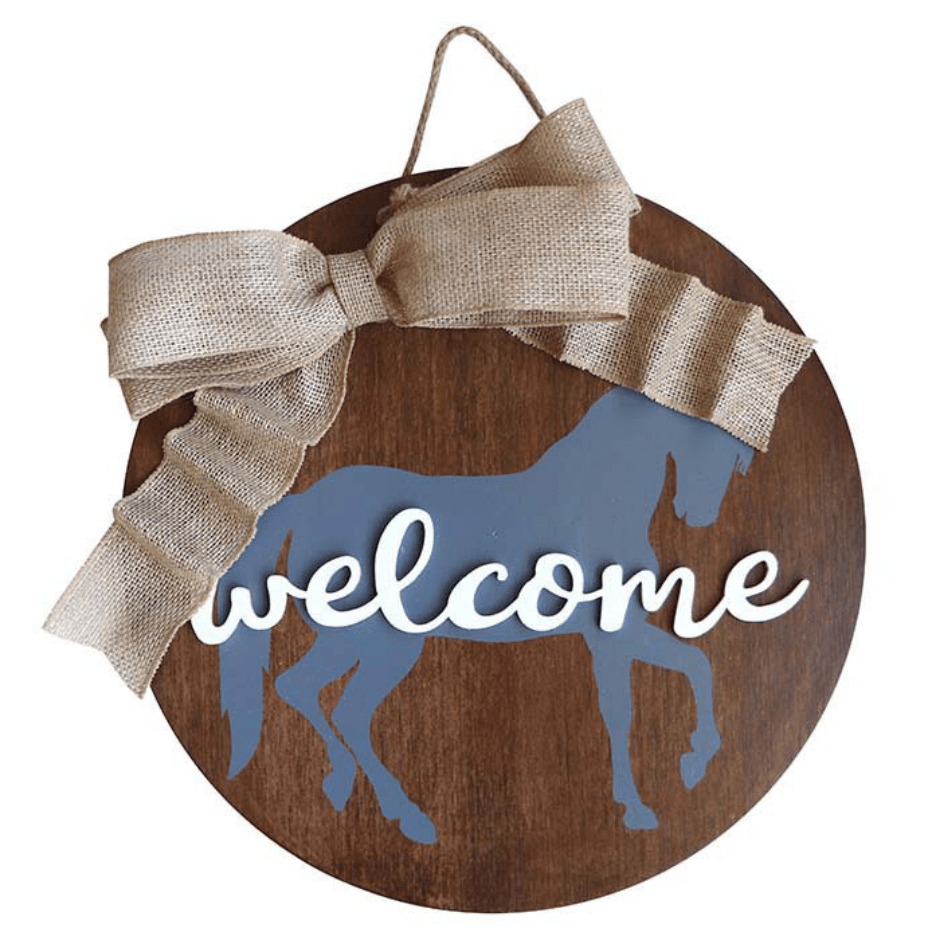 "Welcome" Horse Door Sign wood round with painted grey horse, 3-D white painted welcome decal, and wire ribbon. chord makes it ready to hang.