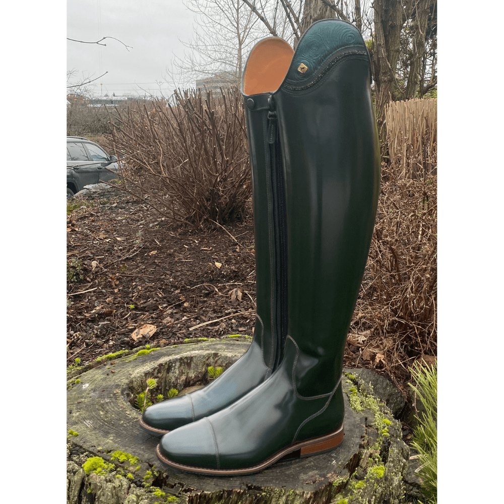 Custom DeNiro Bellini Dressage Boot - Brushed Green with Green Roseto Uptop & Swarovski Fineline