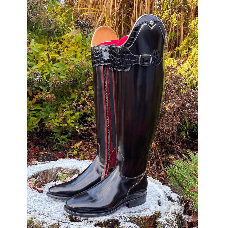 Custom DeNiro Raffaello Dressage Boot - Brushed Burgundy with Black Lucidi Rondine & Big Strap