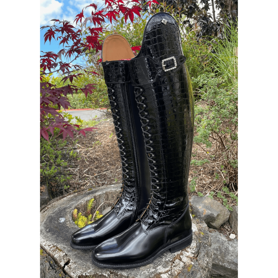 Custom DeNiro Tintoretto Dressage Boot - Black Lucidi Croc with Swarovski Buckle