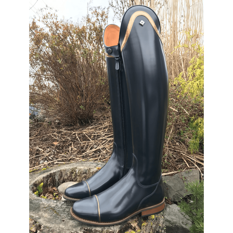 Custom DeNiro Bellini Dressage Boot - Brushed Blue with Piccolo Specchio Caramello Top