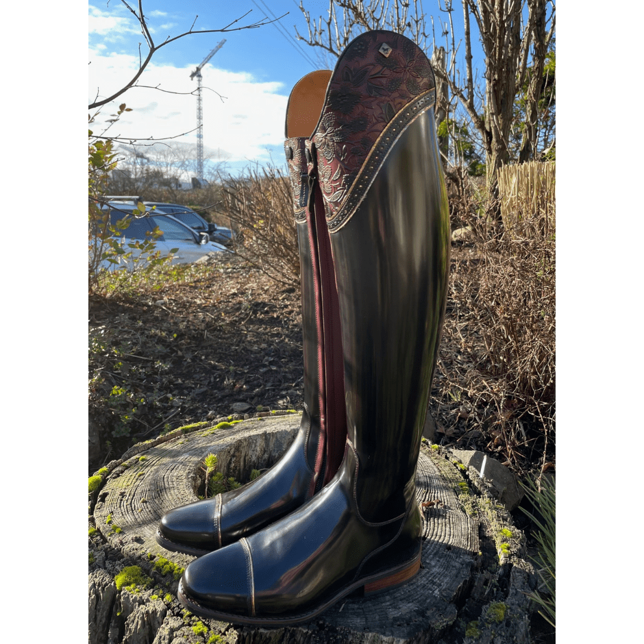 Custom DeNiro Bellini Dressage Boot - Brushed Burgundy with Greta Lisa, Swarovski & Salmon BG