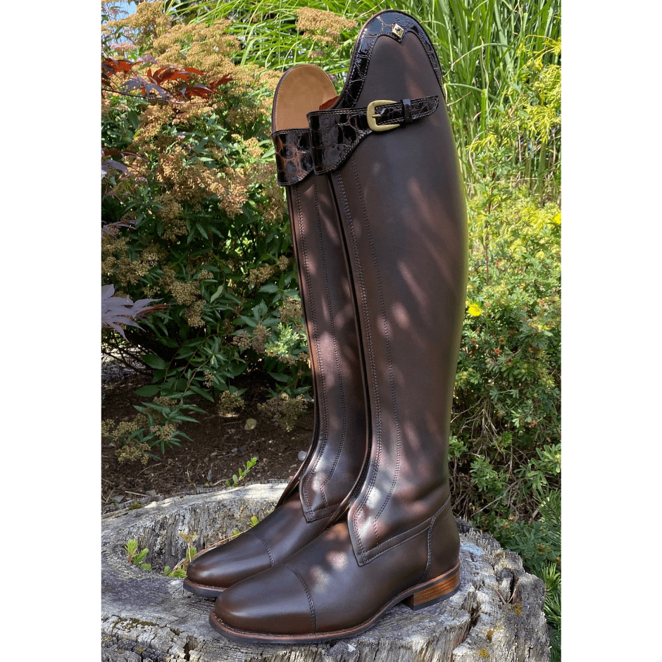 Custom DeNiro Vasari Dressage Boot - Brown with Lucidi Moka Rondine & Brass Snap Buckle