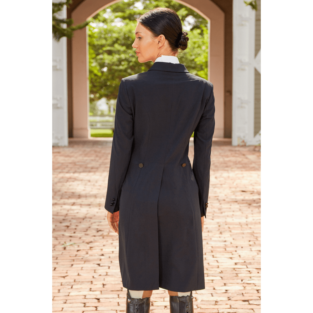 Model wearing a black shadbelly