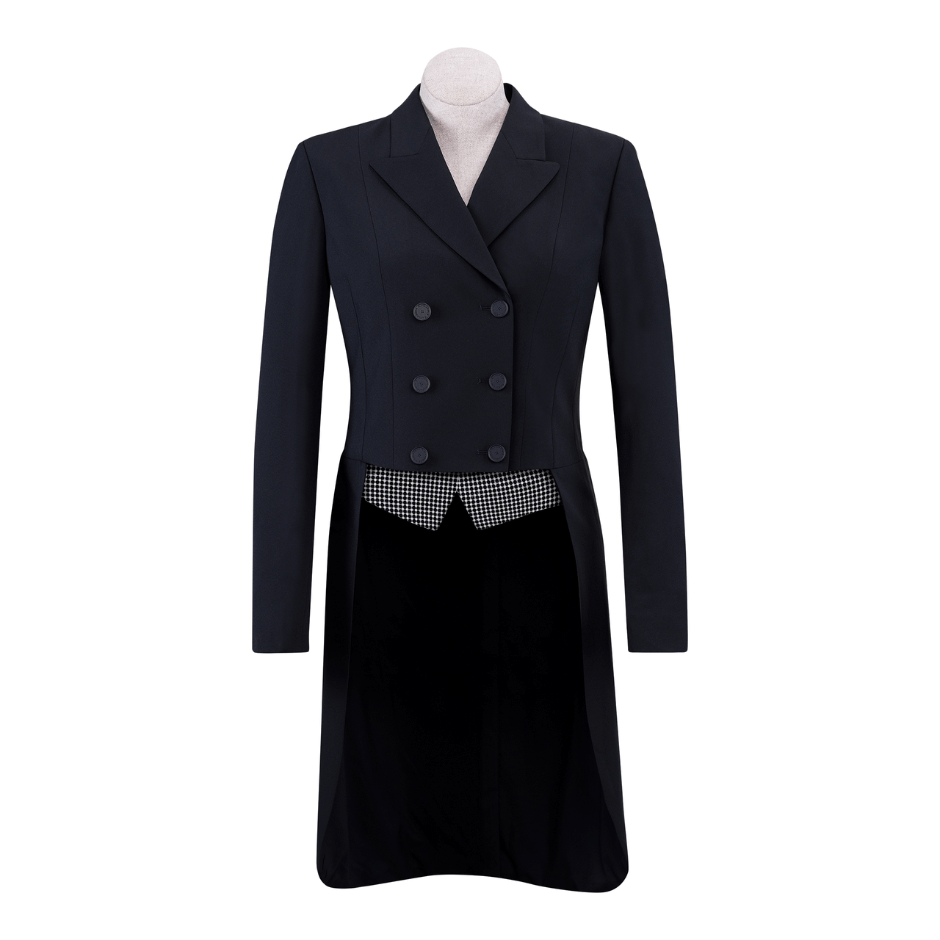 Black shadbelly coat against a white background