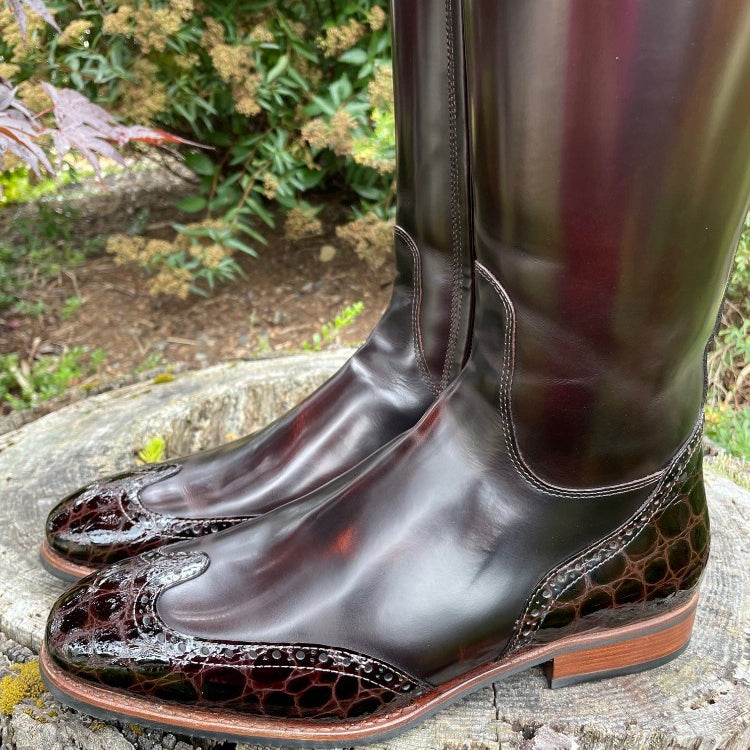 Custom DeNiro Bellini Dressage Boot - Brushed Brown with Lucidi Moka Rondine & Winged Toe