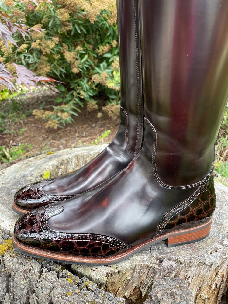 Custom DeNiro Bellini Dressage Boot - Brushed Brown with Lucidi Moka Rondine & Winged Toe