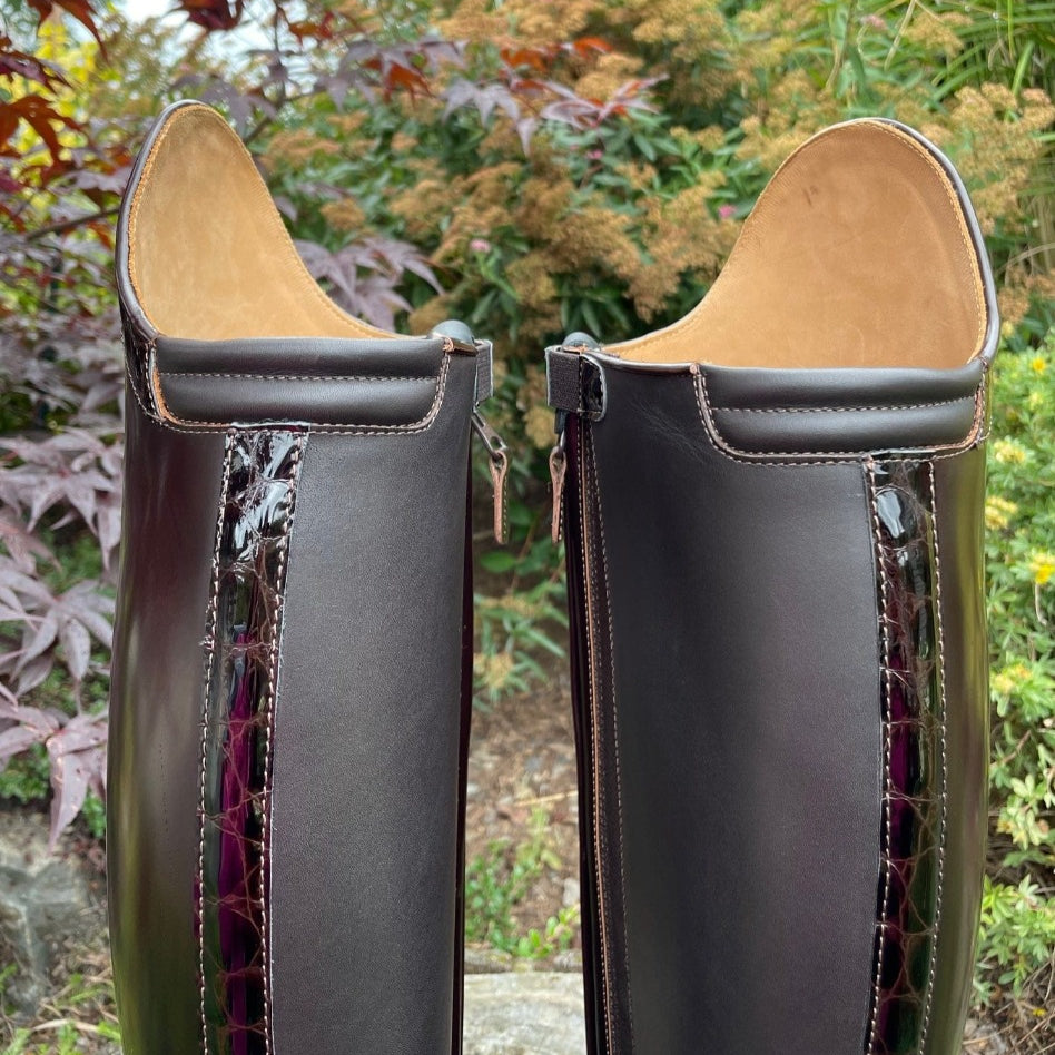 Custom DeNiro Bellini Dressage Boot - Brushed Brown with Lucidi Moka Rondine & Winged Toe