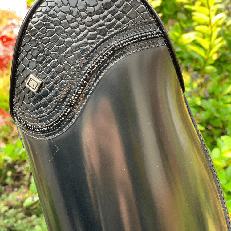 black dressage boot on stump with crocodile detail bling