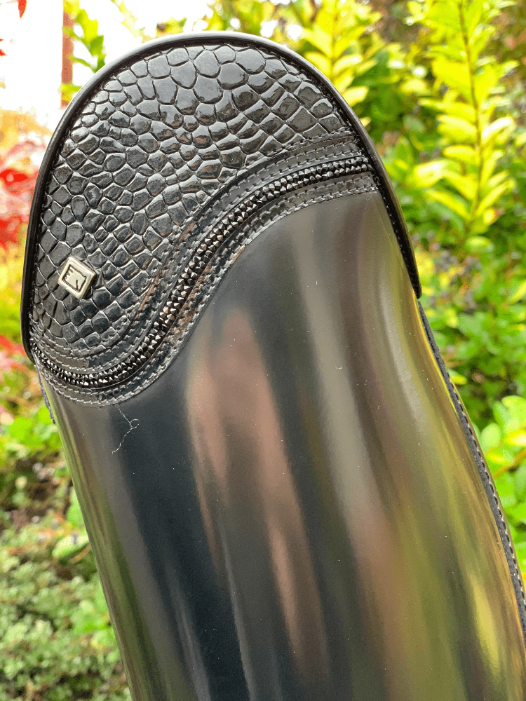 black dressage boot on stump with crocodile detail bling
