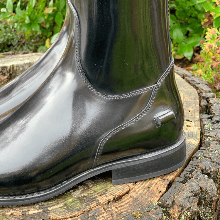 black dressage boot on stump with crocodile detail bling