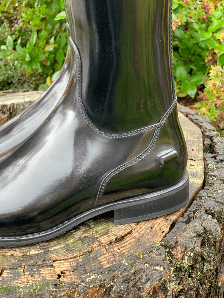 black dressage boot on stump with crocodile detail bling