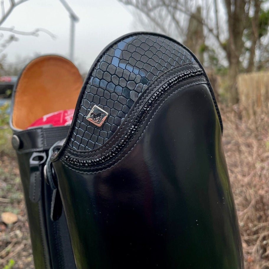 Custom DeNiro Raffaello Dressage Boot - Brushed Black with Blue Regal Uptop & Fineline Swarovski