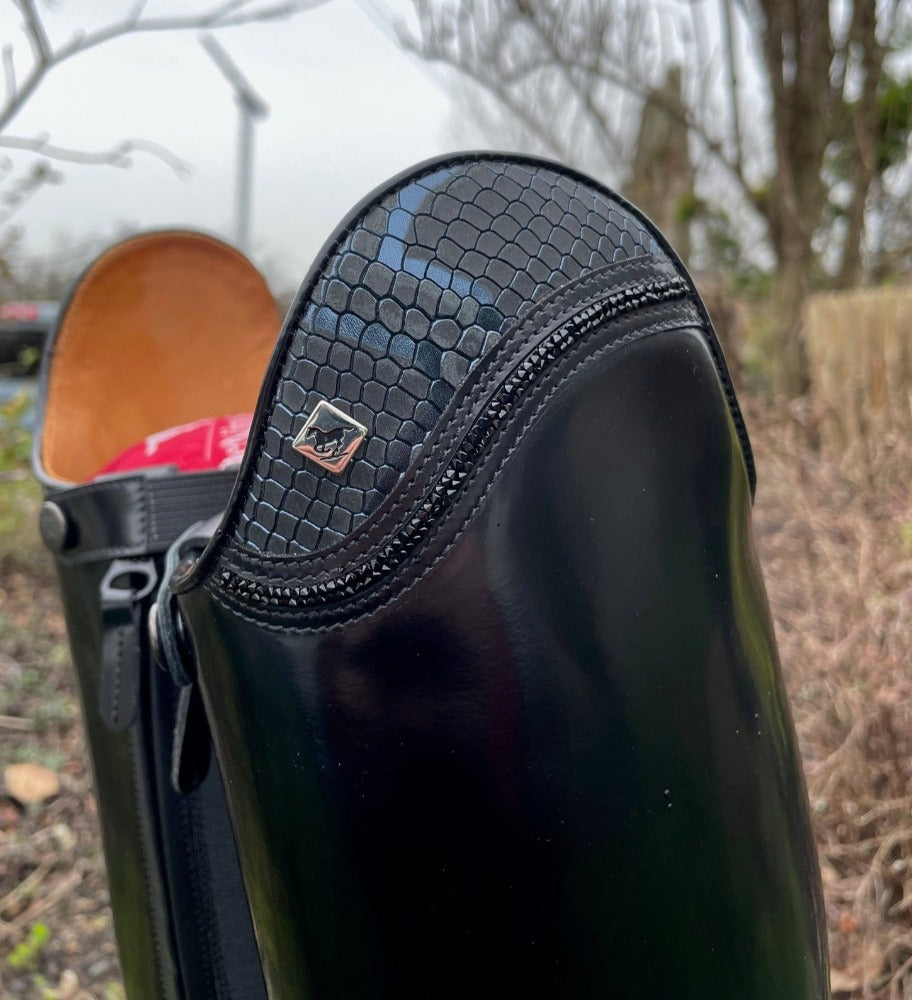 Custom DeNiro Raffaello Dressage Boot - Brushed Black with Blue Regal Uptop & Fineline Swarovski