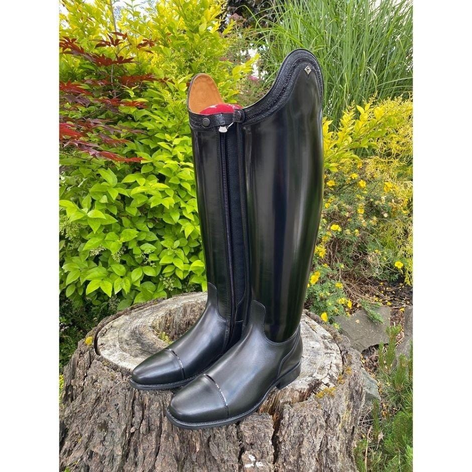 Custom Raffaello dressage boot with rondine top, fineline crystals and BG leather decoration