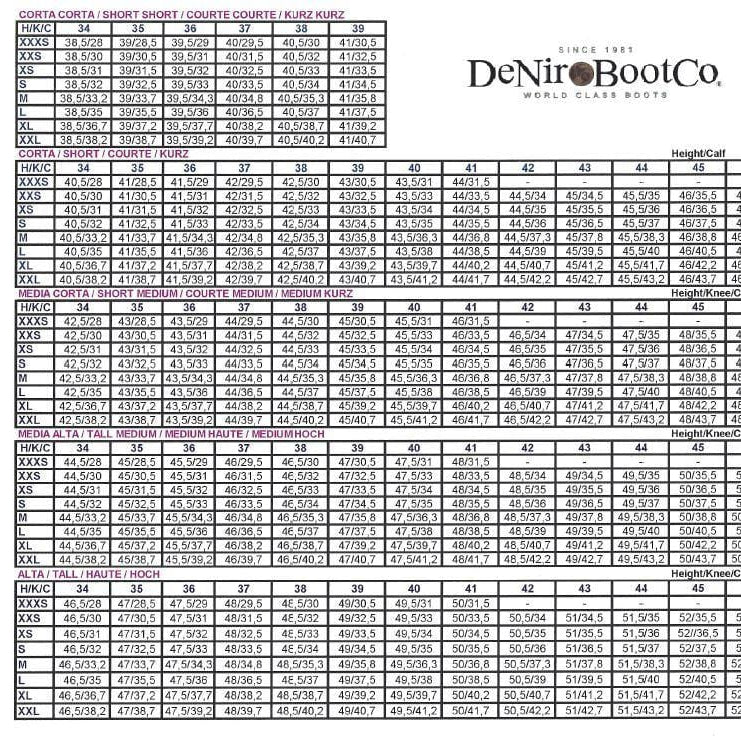 DeNiro Boot size chart