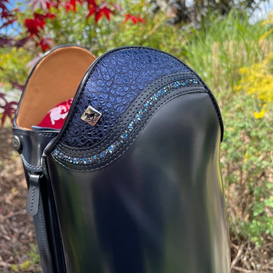 Custom DeNiro Raffaello Dressage Boots - Brushed Blue with Blue BG Uptop & Fineline Crystals
