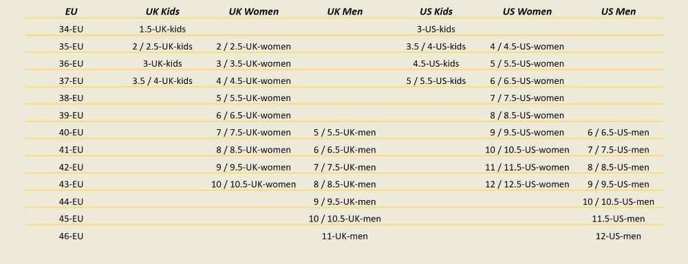 EU to US foot size chart
