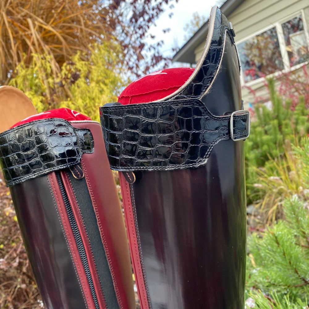 Custom DeNiro Raffaello Dressage Boot - Brushed Burgundy with Black Lucidi Rondine & Big Strap