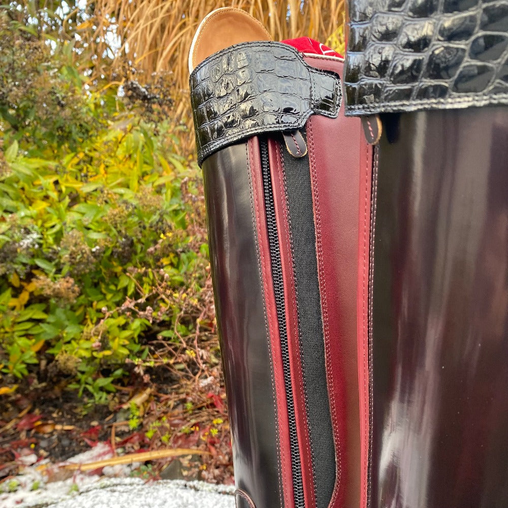 Custom DeNiro Raffaello Dressage Boot - Brushed Burgundy with Black Lucidi Rondine & Big Strap