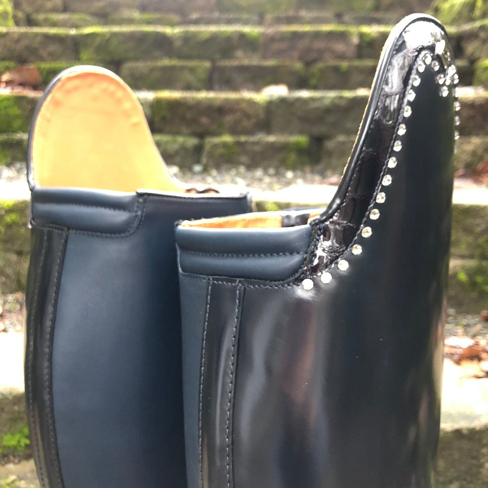 Custom DeNiro Botticelli Dressage Boot - Brushed Navy with Lucidi Blue Rondine Top & Swarovski