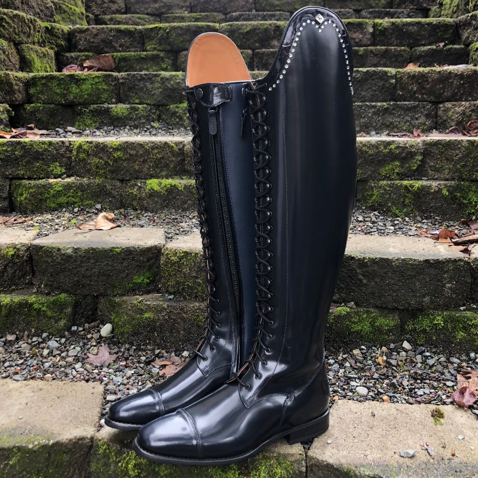 Custom DeNiro Botticelli Dressage Boot - Brushed Navy with Lucidi Blue Rondine Top & Swarovski