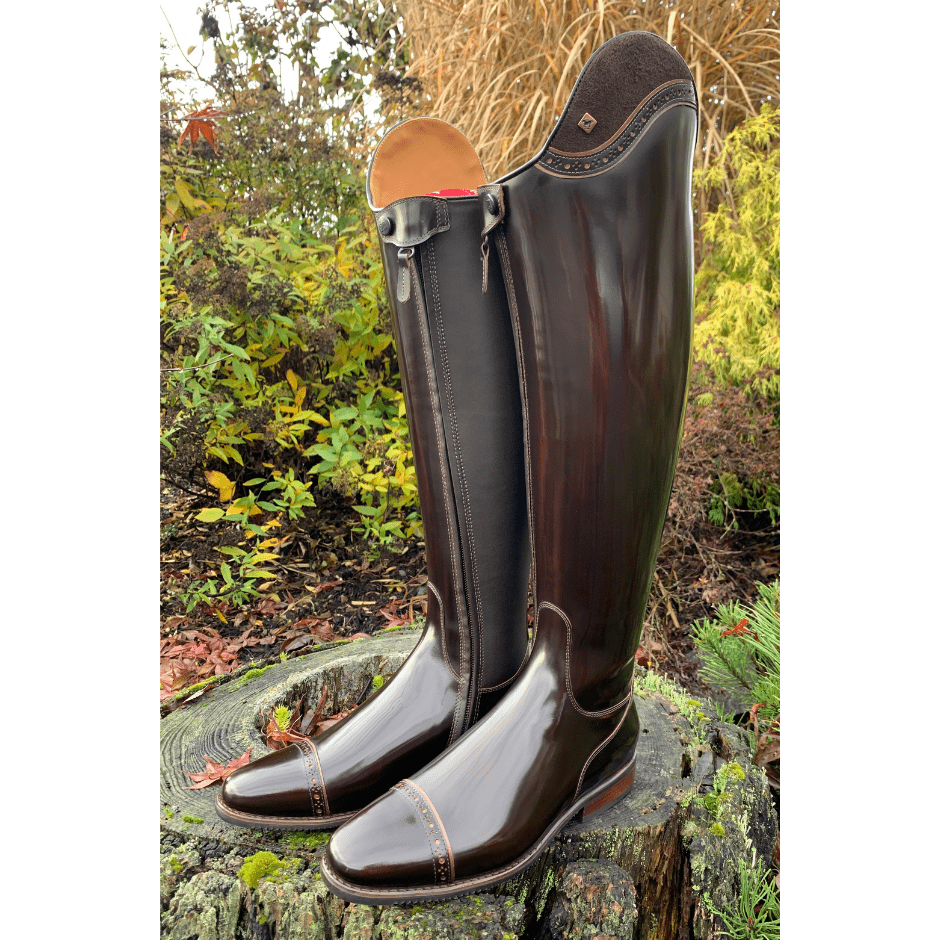 Custom DeNiro Bellini Dressage Boots - Brushed Brown with Camoscio Uptop & Luxory Metallic PipingCustom DeNiro Bellini Dressage Boot - Brushed Brown with Camoscio Uptop & Luxory Metallic Piping