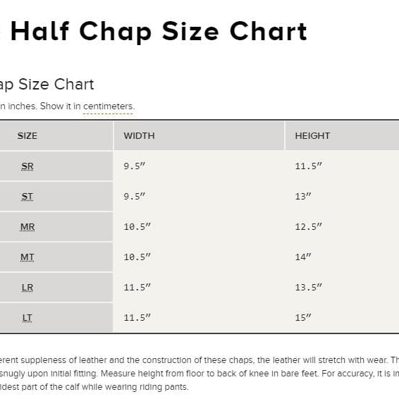 kids half chap size chart
