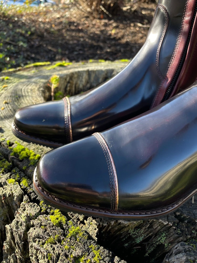 Custom DeNiro Bellini Dressage Boot - Brushed Burgundy with Greta Lisa, Swarovski & Salmon BG