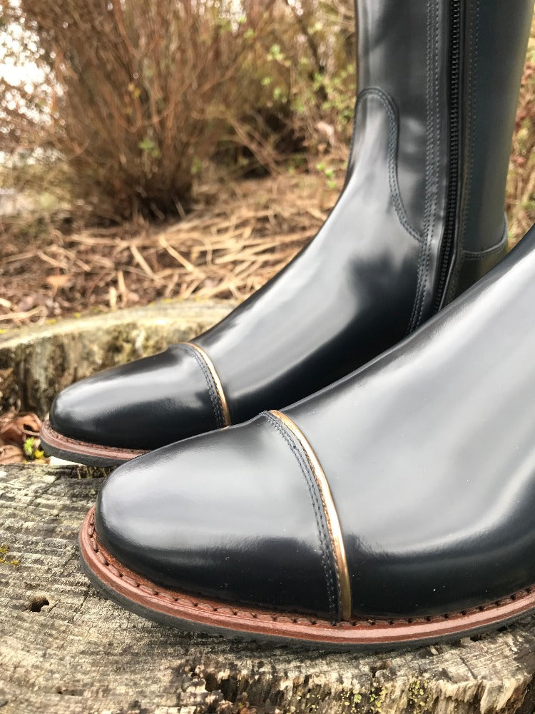 Custom DeNiro Bellini Dressage Boot - Brushed Blue with Piccolo Specchio Caramello Top