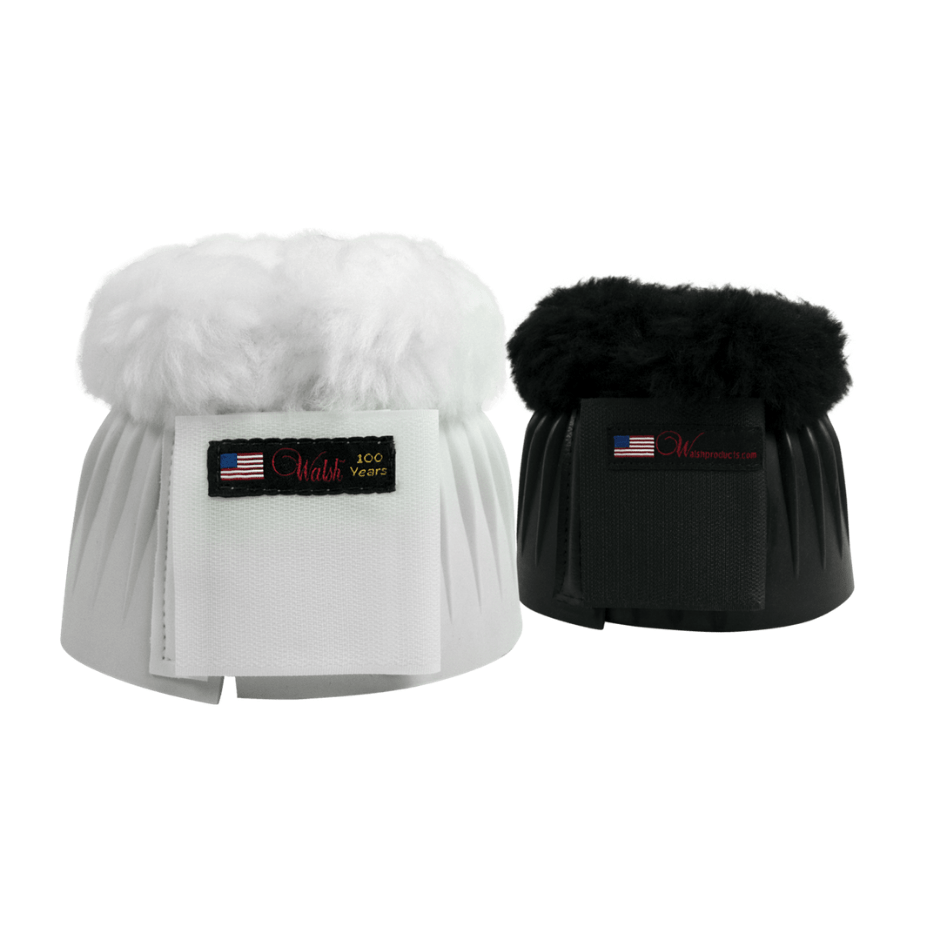 White and black walsh bell boots with velcro closure and fuzzy top