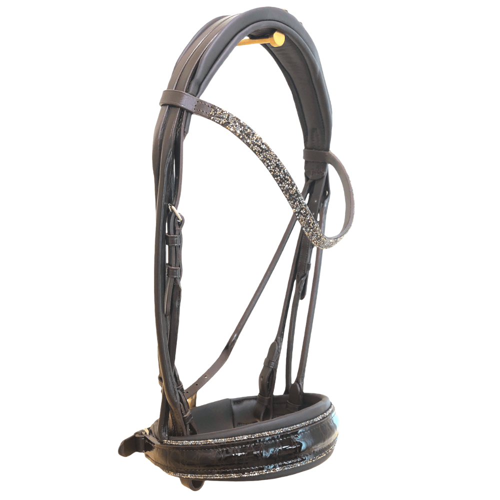 *Otto Schumacher Munchen Feel Good Rolled Double Bridle in Brown with Brown Patent Animal Print and Fineline Crystal - Horse