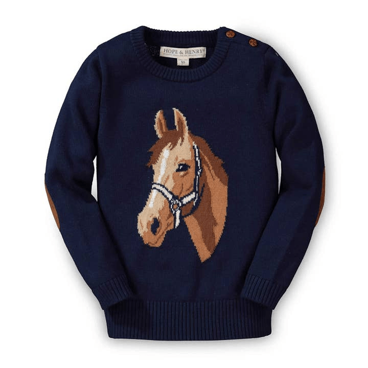 Hope & Henry Junior Horse Intarsia Pullover Sweater - Navy