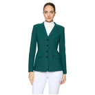 A woman modeling a fitted dark green equestrian-style blazer with notch lapels, four front buttons, and flap pockets, paired with a white mock neck top and white riding breeches against a light gray studio background.