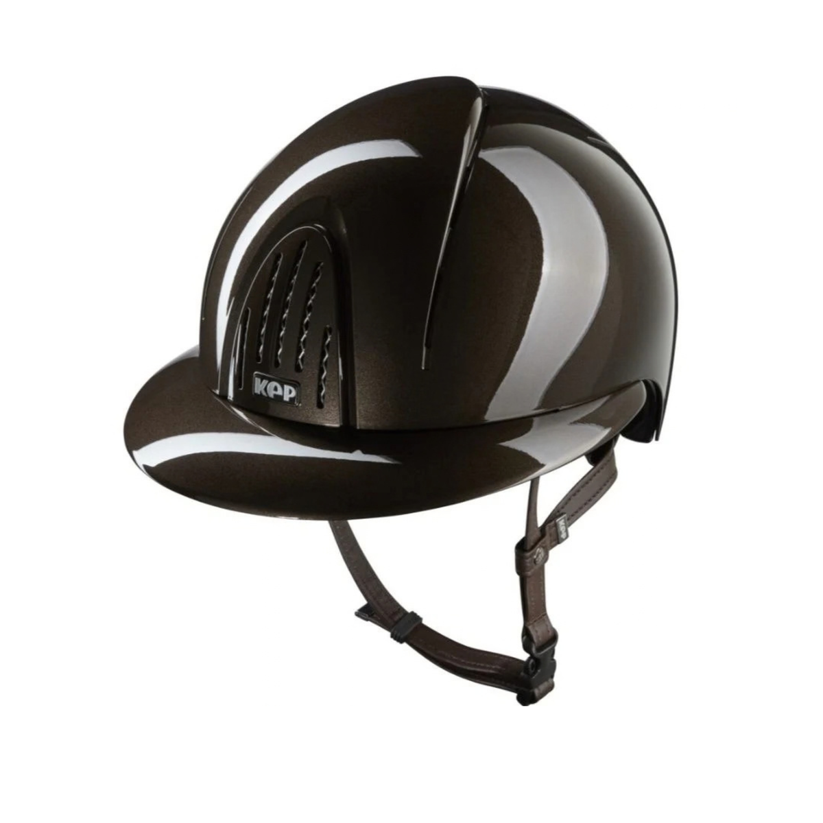 KEP Smart Nova Metal Polish Brown Polo Brim Wide with Brown Chinstrap Helmet - Front View
