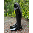 DeNiro Bellini Dressage Boot - Patent Black with Mica Regal, Big Strap, & Hematite Swarovski Fineline