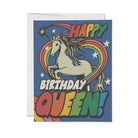 Greeting card with unicorn and rainbow design on a blue background