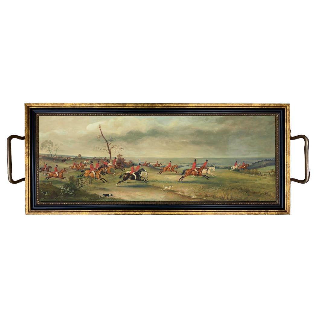 Vintage Fox Hunt Scene Decorative Tray with Brass Handles