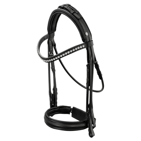 Black horse bridle with a rhinestone-studded browband on a white background.