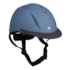 Blue riding helmet with black chin strap on a white background